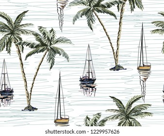 Beautiful botanical vector seamless pattern background with coconut palm trees, sailboat silhouettes, mountains. Isolated on white background. The Summer beach surfing illustration.