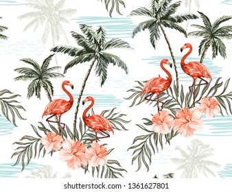 Beautiful botanical vector seamless pattern background with coconut palm trees, pink flamingo, hibiscus. The Summer beach surfing illustration