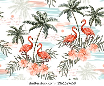 Beautiful botanical vector seamless pattern background with coconut palm trees, pink flamingo, hibiscus, sun. The Summer beach illustration. 