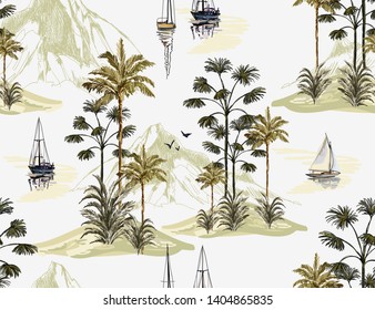  Beautiful botanical vector seamless pattern background with coconut palm trees, sailboat silhouettes and mountains. Isolated on white background. The Summer beach surfing illustration. 