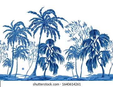 Beautiful botanical vector seamless pattern background with coconut palm trees, sakura. Isolated on white background. The Summer chinoiserie illustration.
