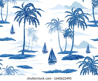 Beautiful botanical vector seamless pattern background with coconut palm trees, sailboat silhouettes, sun, mountaines. Isolated on white background. The Summer beach surfing illustration.
