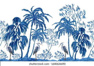 Beautiful botanical vector seamless pattern background with coconut palm trees, heron birds. Isolated on white background. The Summer chinoiserie illustration.
