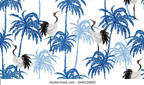 Hermoso vectorial botánico de fondo transparente con palmeras de coco, grúas japonesas. Aislado sobre fondo blanco. La ilustración chinoiserie de verano.
