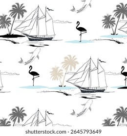 Beautiful botanical vector seamless pattern background with coconut palm trees, sailboat silhouettes. Isolated on white background. The Summer beach surfing illustration.