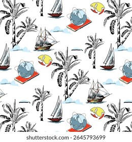 Beautiful botanical vector seamless pattern background with coconut palm trees, sailboat silhouettes. Isolated on white background. The Summer beach surfing illustration.