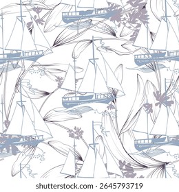Beautiful botanical vector seamless pattern background with coconut palm trees, sailboat silhouettes. Isolated on white background. The Summer beach surfing illustration.