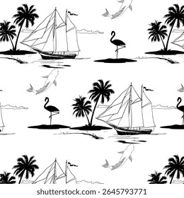 Beautiful botanical vector seamless pattern background with coconut palm trees, sailboat silhouettes. Isolated on white background. The Summer beach surfing illustration.