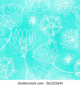 Beautiful botanical vector seamless pattern with wild flowers, daisy, tulip, fantasy flowers and watercolor background. flower section. Background can be changed to your.