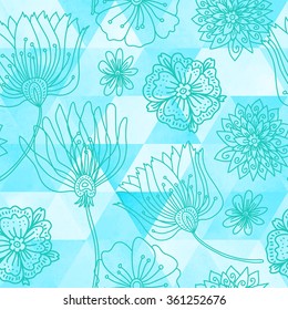 Beautiful botanical vector seamless pattern with wild flowers, daisy, tulip, fantasy flowers and watercolor background. flower section. Background can be changed to your.
