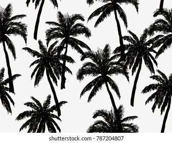 Beautiful  botanical vector seamless pattern background with palm trees silhouettes. Isolated on white background.