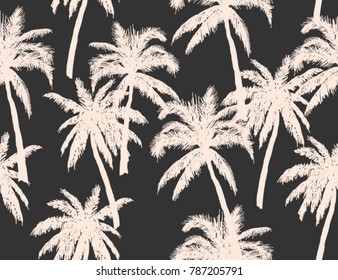 Beautiful  botanical vector seamless pattern background with palm trees silhouettes. Isolated on black
 background.