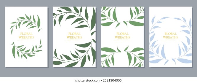 Beautiful botanical wreath designs using shades of green and blue. Each wreath surrounds the text Floral Wreaths in the center. Ideal for wedding invitations, nature-themed decor, eco-friendly