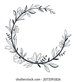 Beautiful botanical wreath with flowers and leaves doodle style. Floral frame, template for greeting cards or greetings. Circular leafy border, vector illustration.