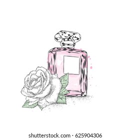 A beautiful bottle of female perfume and a rose with leaves. Vector illustration for a postcard or a poster, print for clothes. For her. Fashion & Style. Glamorous accessory.