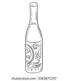 Beautiful bottle with olive oil, wine, in hand made glass isolated on white background. Hand drawn vector sketch illustration in doodle simple engraved style. Concept for food advertisement, cooking