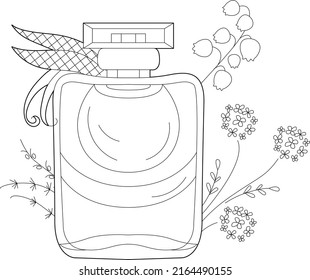 Beautiful bottle of perfume with flowers. Monochrome object, coloring page, isolated on white background. Coloring book style for children and adults