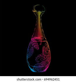 A beautiful bottle of perfume and oriental patterns. Vector illustration for a postcard or a poster, print for clothes. Styling for embossing with gold.