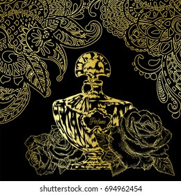 A beautiful bottle of perfume and oriental patterns. Vector illustration for a postcard or a poster, print for clothes. Styling for embossing with gold. Roses.