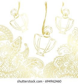 A beautiful bottle of perfume and oriental patterns. Vector illustration for a postcard or a poster, print for clothes. Styling for embossing with gold.