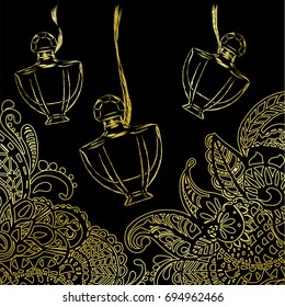 A beautiful bottle of perfume and oriental patterns. Vector illustration for a postcard or a poster, print for clothes. Styling for embossing with gold.
