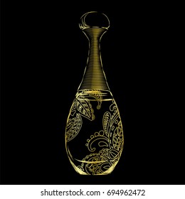 A beautiful bottle of perfume and oriental patterns. Vector illustration for a postcard or a poster, print for clothes. Styling for embossing with gold.