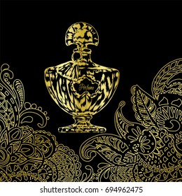 A beautiful bottle of perfume and oriental patterns. Vector illustration for a postcard or a poster, print for clothes. Styling for embossing with gold.
