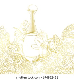 A beautiful bottle of perfume and oriental patterns. Vector illustration for a postcard or a poster, print for clothes. Styling for embossing with gold.