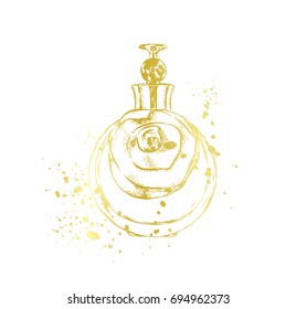 A beautiful bottle of perfume. Vector illustration for a postcard or a poster, print for clothes. Styling for embossing with gold.