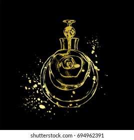 A beautiful bottle of perfume. Vector illustration for a postcard or a poster, print for clothes. Styling for embossing with gold.