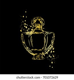 A beautiful bottle of perfume. Vector illustration for a postcard or a poster, print for clothes. Styling for embossing with gold.