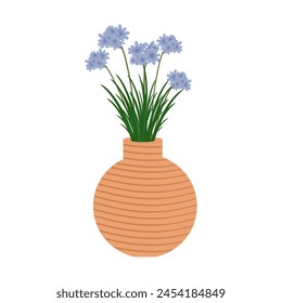 Beautiful bouquet with agapanthus flowers and branches in ceramic vase. Flat illustration of blooming flowers with leaves and stem isolated on white background. Blossom African Lily. Vector svg