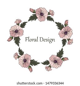 Beautiful bouquet of althaea flowers in a round shape on white isolated background. Good well for postcards, invitations and other.