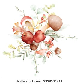 beautiful bouquet  autumn flower,  apple and mushroom watercolor