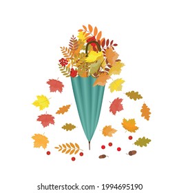 Beautiful bouquet of autumn leaves of Maple, mountain ash and oak in folded umbrella surrounded by leaf fall. Autumn clipart isolated on white background. Vector illustration for postcards, banners.