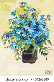 Beautiful bouquet of blossoming Blue Forget-me-not flowers with leaves in a vase of glass, eps8. Floral postcard with text in retro style