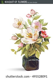 Beautiful bouquet of blossoming flower Apple trees. Spring flowers cherry with leaves in a vase of glass
