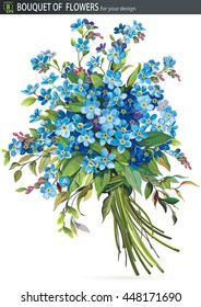 Beautiful bouquet of blossoming Forget-me-not flower, isolated on white background