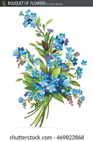 Beautiful bouquet of blossoming Forget-me-not flower, isolated on white background, eps8