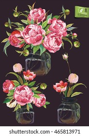 Beautiful bouquet of blossoming Pink peony flowers with leaves in a vase of glass, eps8