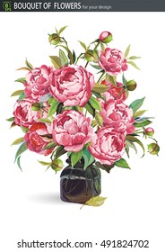 Beautiful bouquet of blossoming Pink peony flowers with leaves in a vase of glass, isolated on white background