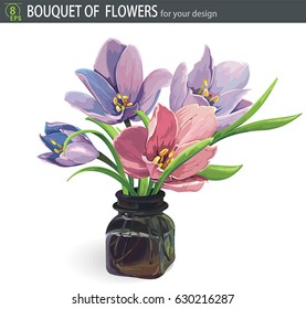 Beautiful bouquet of blossoming purple crocus flowers with leaves in a vase of glass, isolated on white background