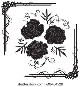 A beautiful bouquet of carnations in a frame on white background. Vector illustration