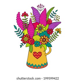 Beautiful bouquet of colored flowers in vase. Vector illustration isolated on white background