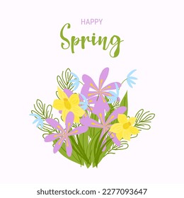 A beautiful bouquet of colorful spring flowers. Design of a postcard, banner, poster, invitation. Vector illustration.