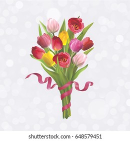 Beautiful bouquet of colorful tulips. Background for postcard on 8 March, Mother's Day, Birthday, Spring Sale and other. Vector illustration in EPS10 format