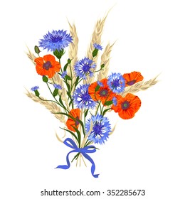 Beautiful bouquet of cornflowers, poppies and wheat spikelets, tied with silk ribbon Isolated on white. The best idea for greeting cards, invitations, wedding design