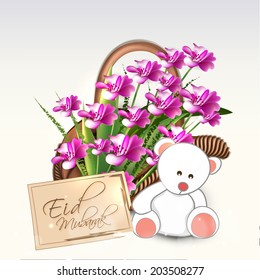 Beautiful bouquet with cute teddy bear on shiny grey background for Muslim community festival Eid Mubarak. 