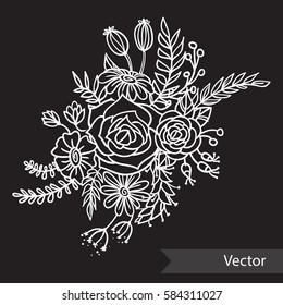 Beautiful bouquet of different flowers on black background. Monochrome style. Vector line art.