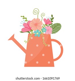 Hermoso ramo de diferentes tipos de flores en lata de agua rosa. Plantas, flora, hierba, hojas. Ilustración del vector, aislada en fondo blanco